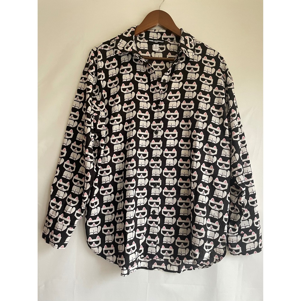 Karl Lagerfeld Paris Choupette Cat Print Button Down Shirt Black White  Adorable